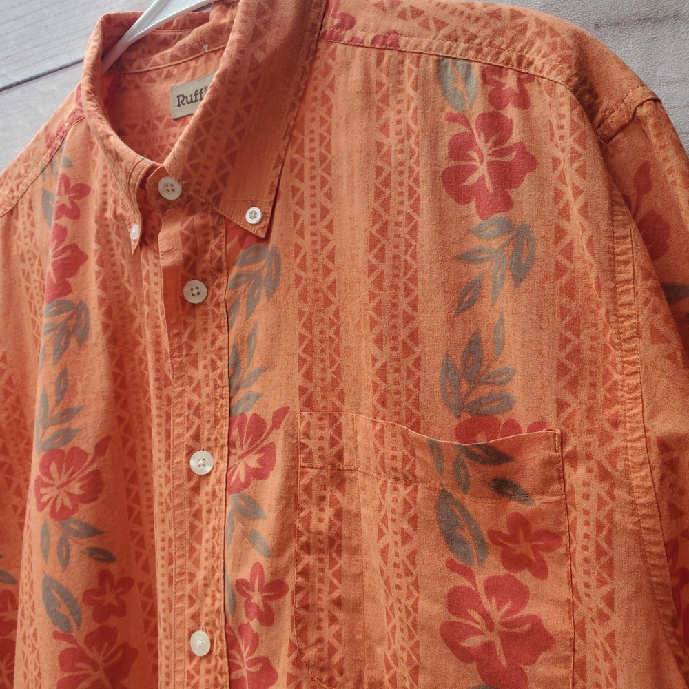 RuffHewn Mens Orange Tropical Hibiscus Floral Tribal Print Button Down Shirt L